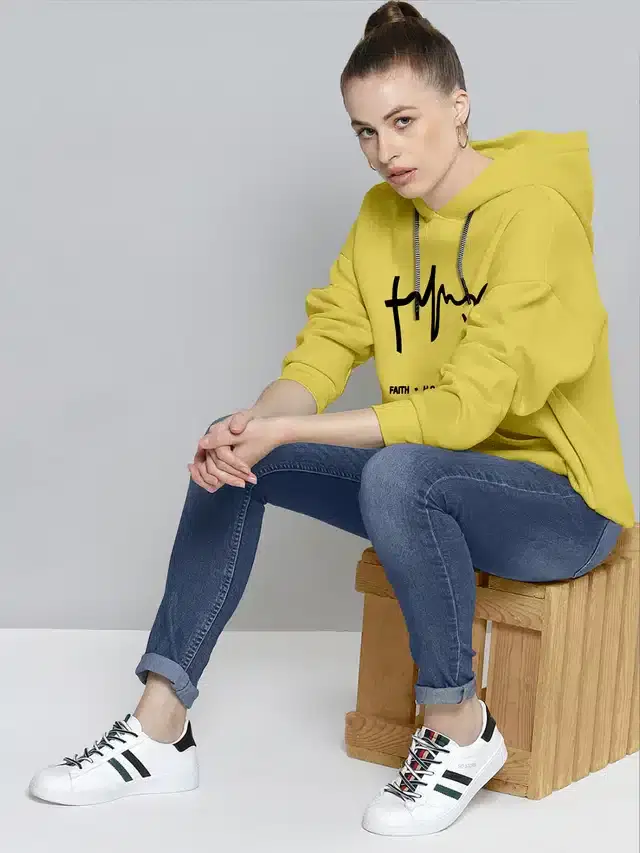 Full Sleeves Printed Hoodie for Women (Yellow, S)