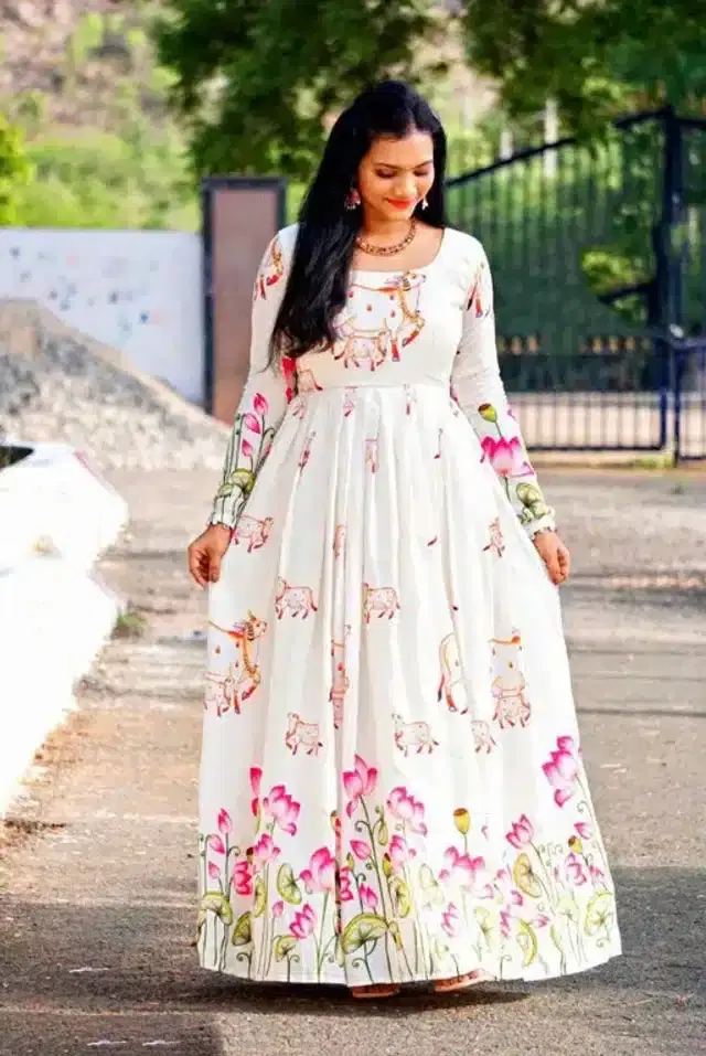 Women's Floral Print Flared Anarkali Gown (White, M)