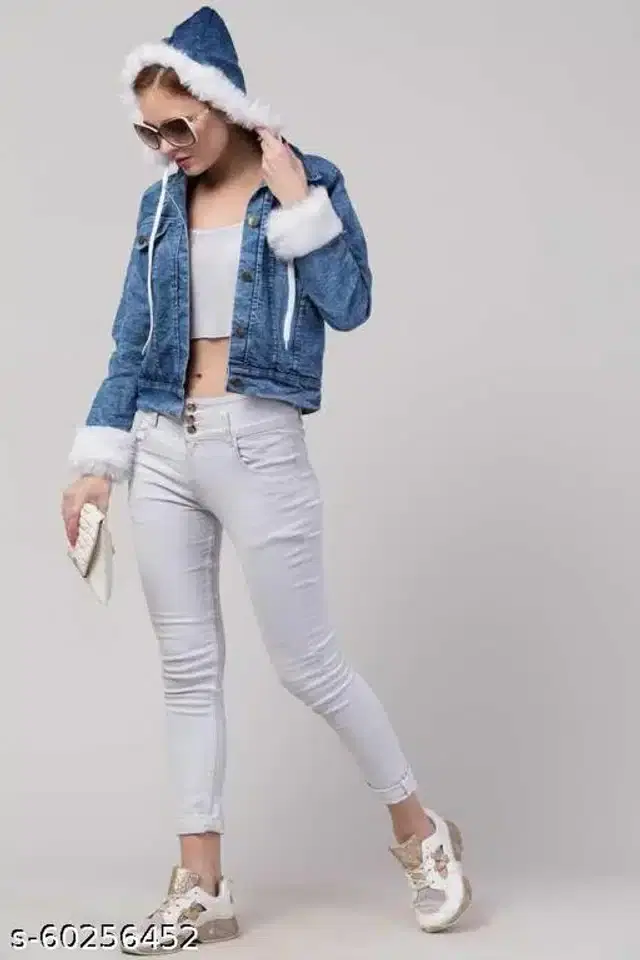 Denim Solid Full Sleeves Jacket for Girls (Blue, 10-11 Years)