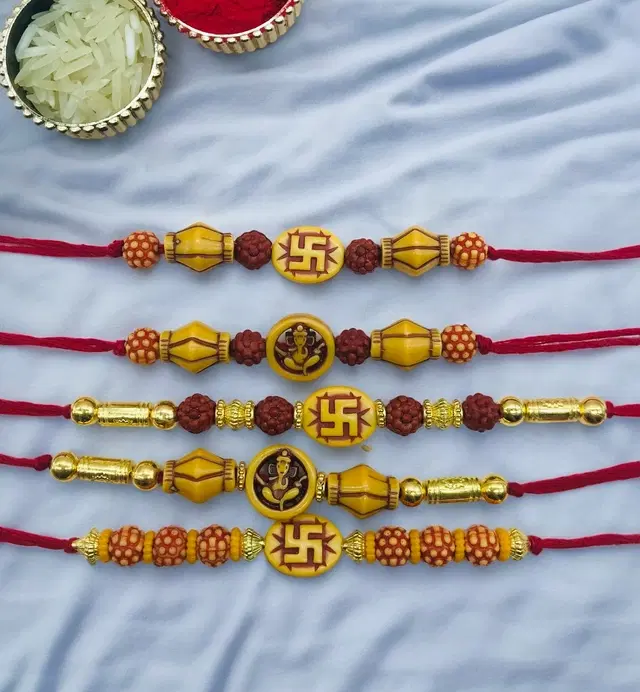 Handmade Designer Rakhi with Roli Chawal, Multicolor, Pack of 5