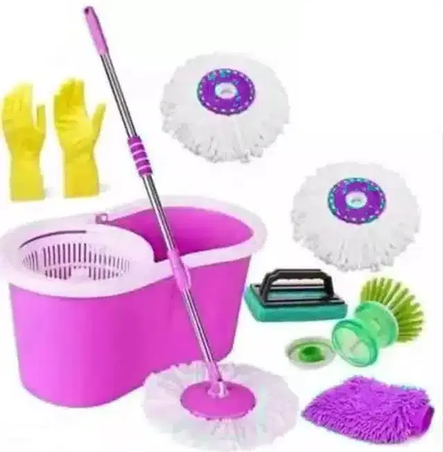 Plastic Bucket Spin Mop with 3 Refills Set & Cleaning Accessories Combo, Pink, Set of 5