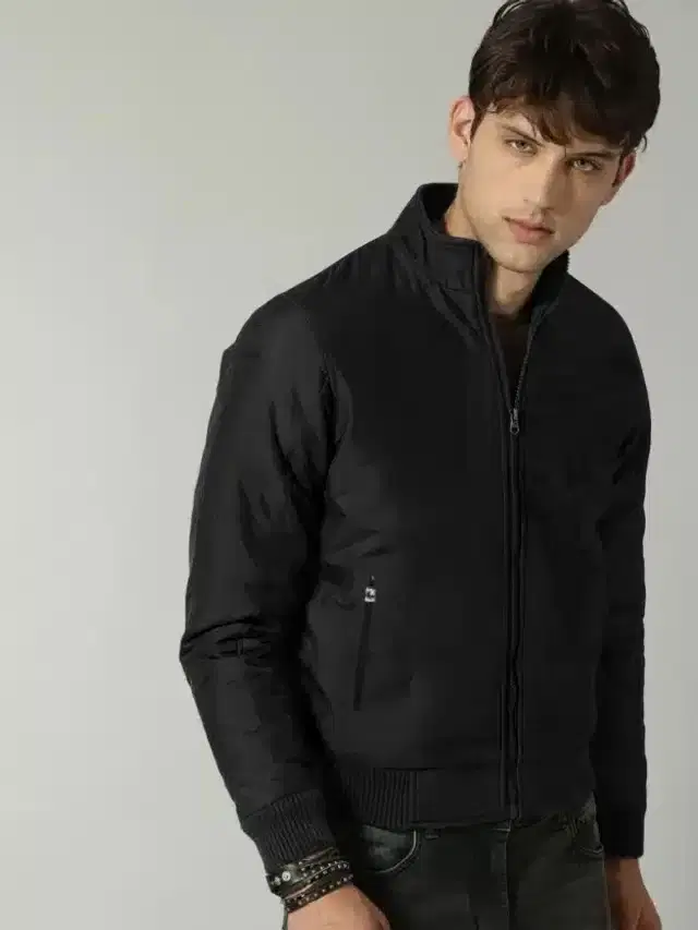 Polyester Solid Bomber Jacket for Men (Black, M)