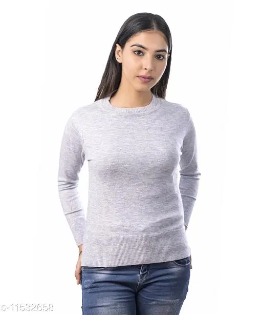 Acrylic Solid Sweater for Women (Grey, M)