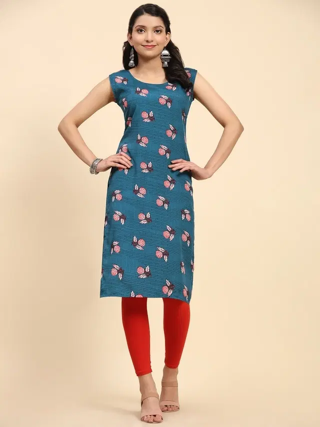 Crepe Printed kurti for women, Teal (L)