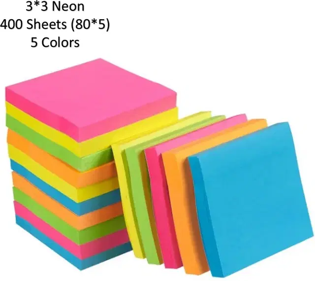 Paper Neon 80 Pcs Sticky Notes, Multicolor, 3x3 inches, Pack of 5