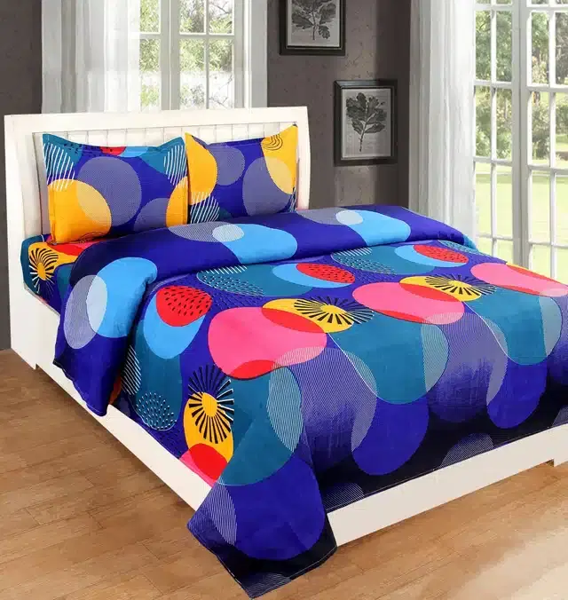 Polycotton Printed Double Bedsheet with 2 Pillow Covers, Multicolor, 90x90 Inches