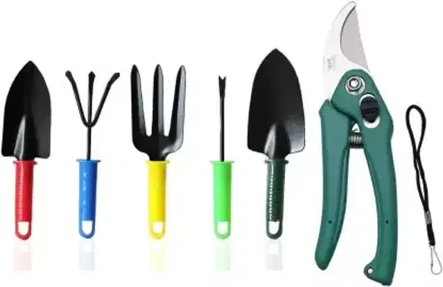Garden Small Trowel, 2 Pcs with Gardening Scissor, Gardening Fork, 2 Pcs, Hand Weeder & Pruning Scissor, Multicolor, Set of 6