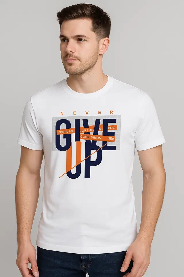 Round Neck Printed T-Shirt for Men, White (L)