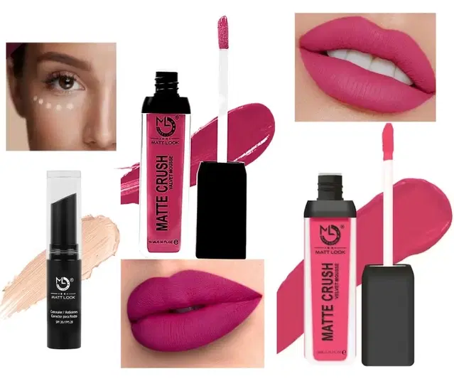 Combo of Matte Liquid Lip Colours, 2 Pcs with Stick Concealer, Multicolor, Set of 2