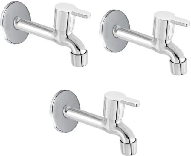 Stainless Steel Long Body Bib Cock Tap with Wall Flange, Silver, Set of 3