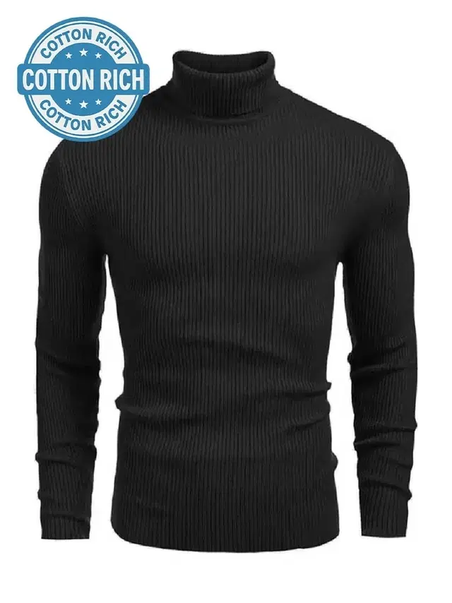 Cotton Blend High Neck T-shirt for Men, Black (M)