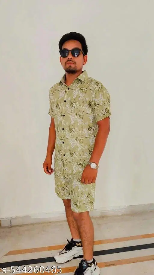 Rayon Printed Top & Bottom Set for Men, Green (L)