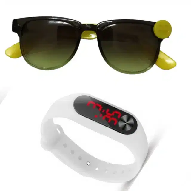 UV Protected Sunglass with Digital Watch for Boys & Girls, Set of 2 (Green & White)
