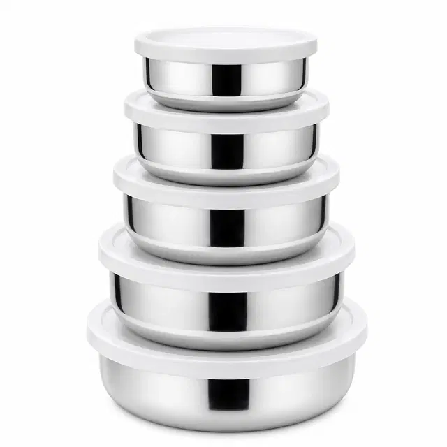 Stainless steel with white plastic lid for storing and serving food Containers, Set of 5 PC