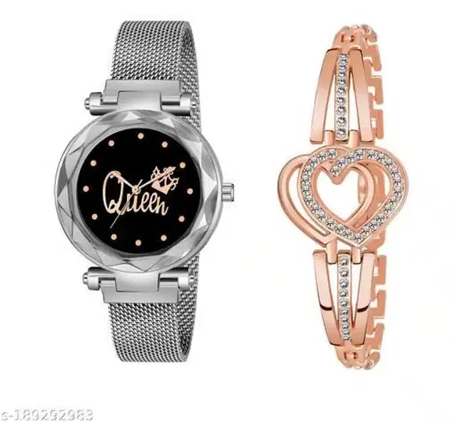 Analog Watch with Bracelet for Women, Set of 2 (Rose Gold & Silver)