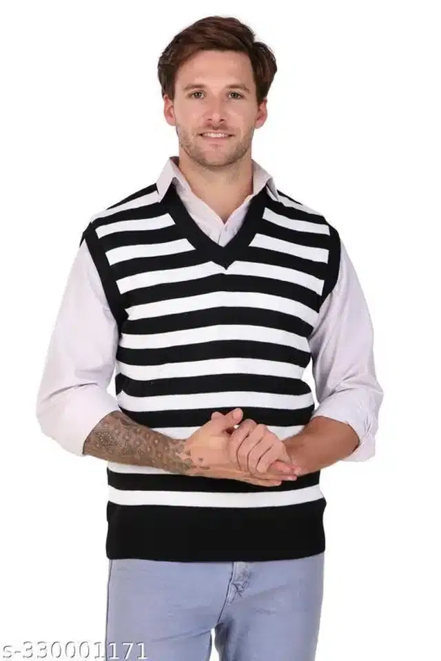 Acrylic Sleeveless Sweater for Men (Black & White, L)
