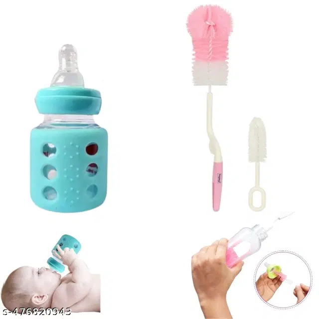 Combo of Milk Bottle, 60 ml with Bottle & Nipple Cleaning Brushes, Multicolor, Set of 3