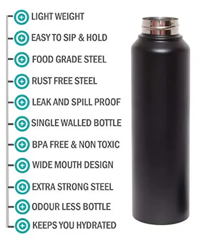 Stainless Steel Fridge Water Bottle, Black, 1000 ml
