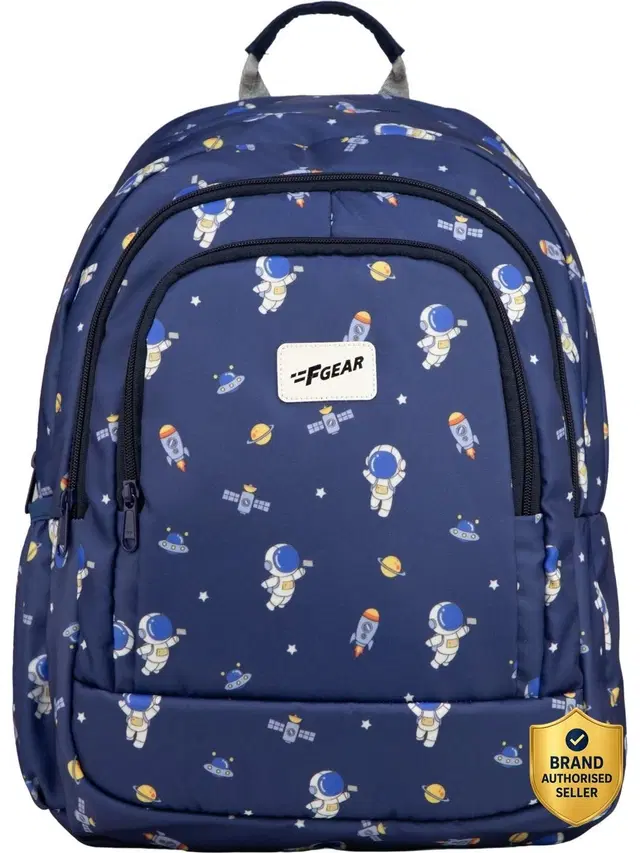 F Gear Medium 23 L Backpack Cosmo Astronaut Prints Kids School Backpack, 3 Compartments With Bottle Holder (Blue)