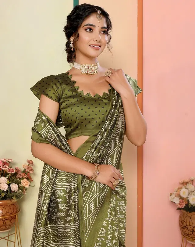 Printed Kalamkari Assam Art Silk Saree with Blouse for Women (Mahendi, Free Size)