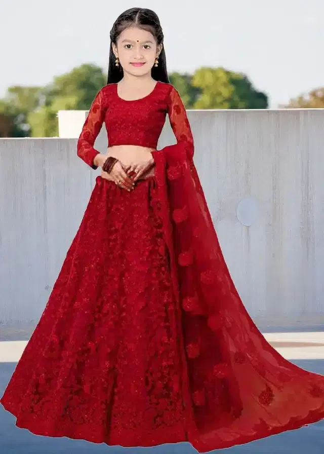 Net Embroidered Semi Stitched Lehenga for Girls (Red, 11-12 Years)