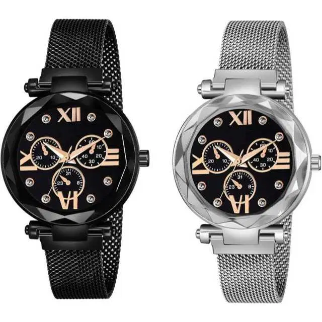 Casual Metal Analog Watch Combo Women, Pack Of 2 (Black & Silver) (MP-709)