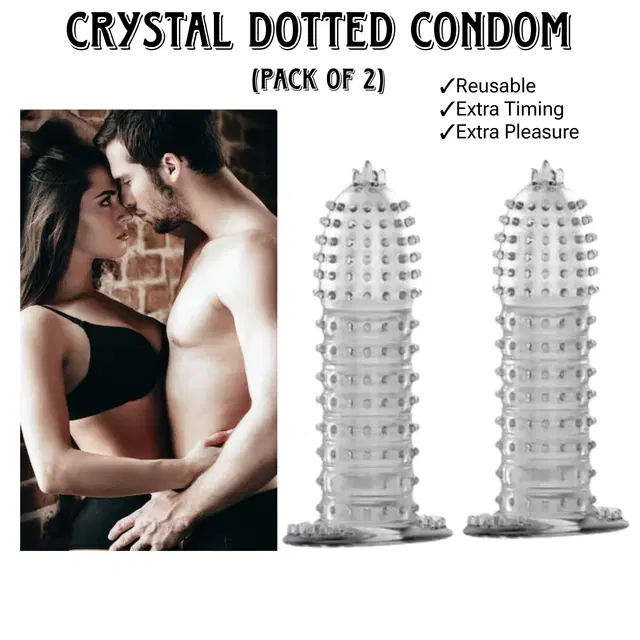 Silicone Crystal Reusable Dotted Extra Pleasure Condom, Multicolor, Pack of 2