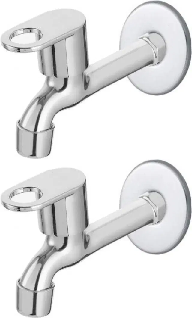 Stainless Steel Long Body Bib Cock Tap with Wall Flange, Silver, Set of 2