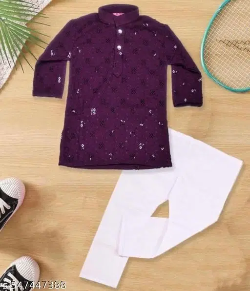 RK TRADERS Floral Sequin Cotton Kurta Set for Boys (White, 7-8 Years)
