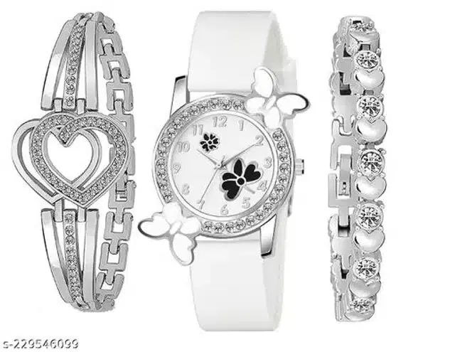 Analog Watch with 2 Pcs Braeclet for Women, Set of 3 (Multicolor)