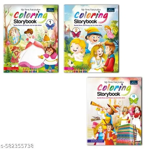 Fairytales Coloring Storybooks - Set of 3 (Parts 1, 2 & 4) - Includes Cinderella, Beauty and the Beast, Pinocchio, Rapunzel, Pied Piper & Princess and the Pea