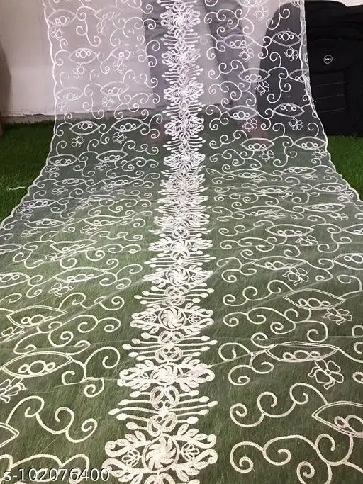 Embroidered Stall Net Floral Sewing & Embroidery (White, Free Size)