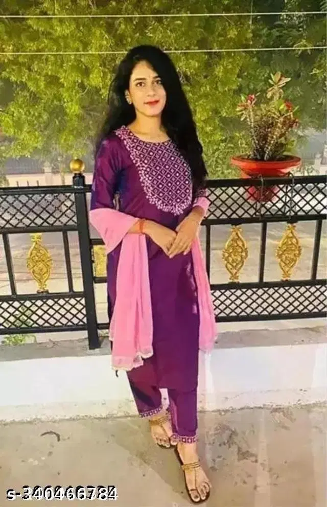 Taffeta Silk Embroidered Kurta with Pant & Dupatta for Women (Multicolor, S)