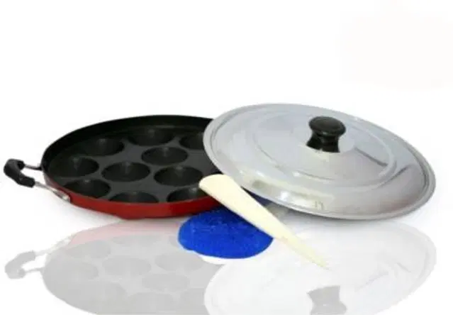 ZODEX 12 Cavities Non Stick Appam Patra with Lid and Side Handle, Multicolor, 21 cm