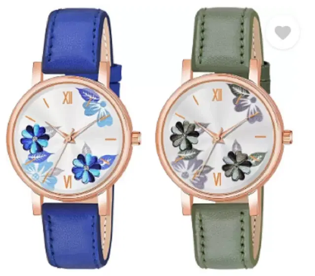 Leather Strap Analog Watch for Women & Girls, Pack of 2 (Multicolor)