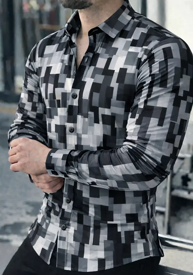 Lycra Geometric Print Shirt for Men, Grey (S)