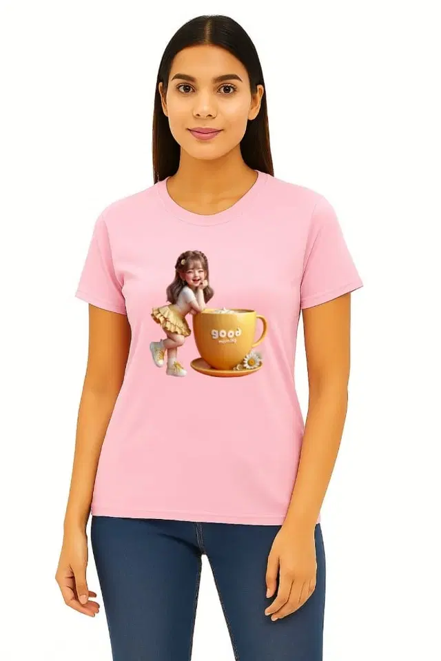 Cotton Blend Printed T-shirt for Women, Pink (XL)