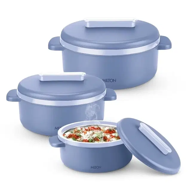 Milton Micronova Jr. Gift Set Inner Stainless Steel Casserole, Set Of 3 (380 ml, 775 ml, 1345 ml), Light Blue, Bpa Free, Food Grade, Hot And Cold, Microwaverable Steel, Dishwasher Safe, Chapati, Roti