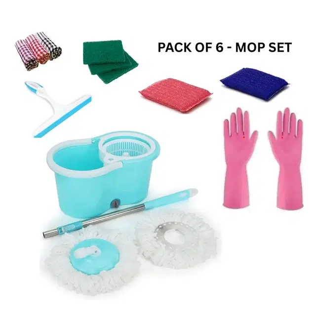 Klenshine Wheely Spin Mop Combo with Scrub Pad, Gloves & Duster(Multicolor, Pack of 6)