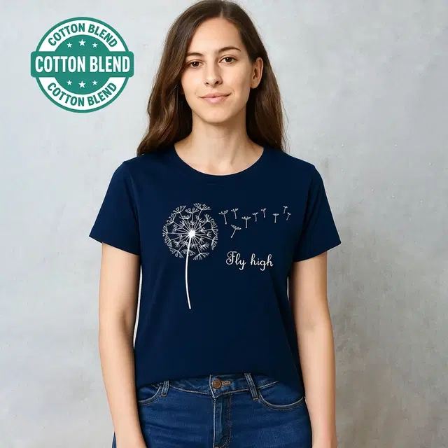 Cotton Blend Printed T-Shirt for Women, Blue (S)