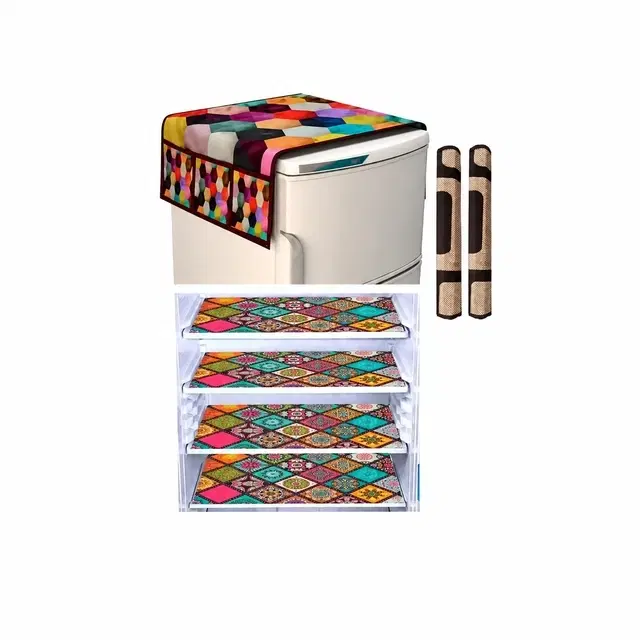 Knit Printed Fridge 4 Pcs Mat with 2 Pcs Handle & Top Cover, Multicolor, Set of 1