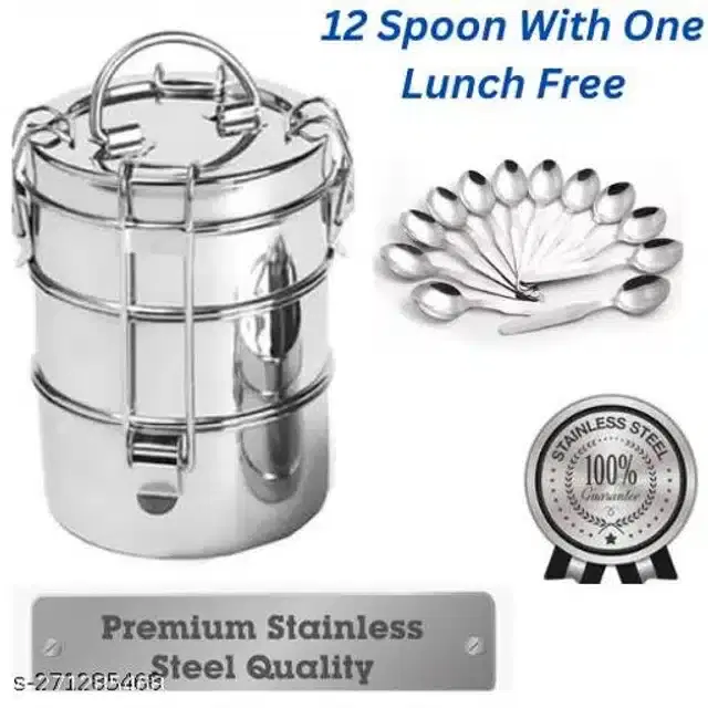 Double Layer Lunch Box with 12 Pcs Spoon, Silver, Set of 2