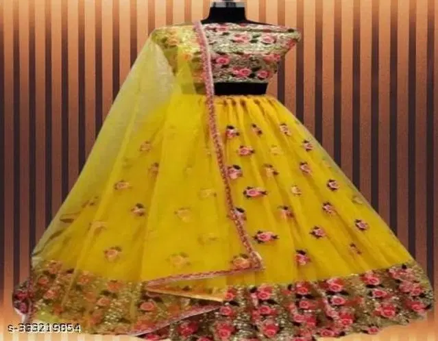 Net Lehenga with Choli & Dupatta for Women (Yellow, Free Size)