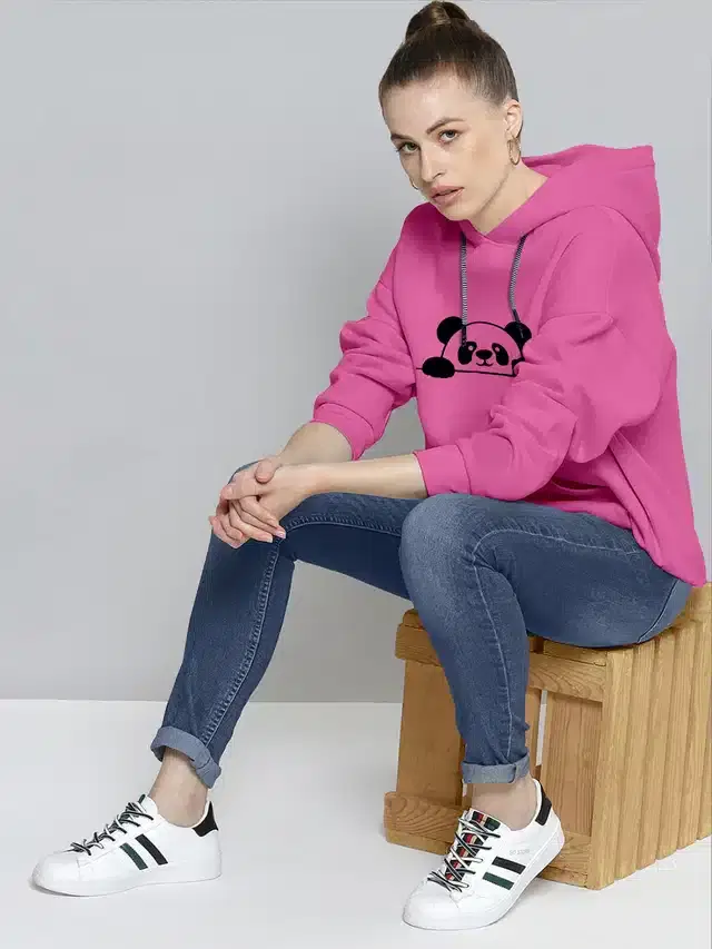 Full Sleeves Printed Hoodie for Women (Pink, M)