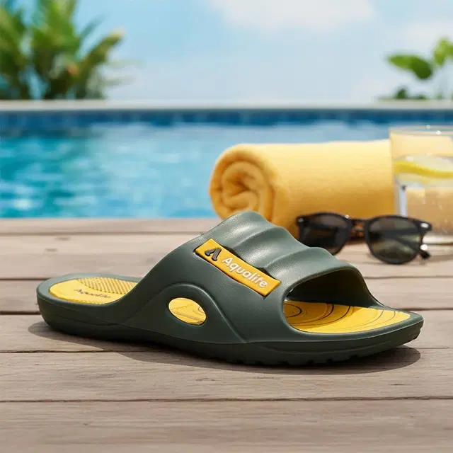 Aqualite Flipflops & Slippers for Men (Olive, Yellow, 9 UK/India)