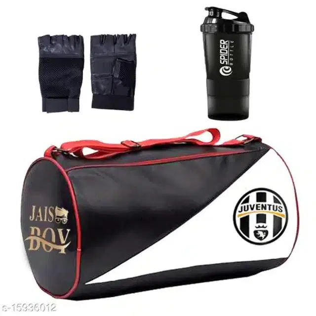 Combo of Gym Bag with Shaker Bottle, 400 ml, Gloves, Multicolor, Set of 3