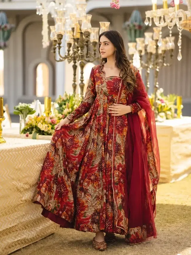Poly rayon Printed Anarkali Above Knee Rayon Gown for Women ( Multi color,XXXL )