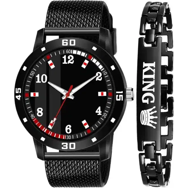 Analog Watch & Bracelet for Men, Pack of 2 (Black)