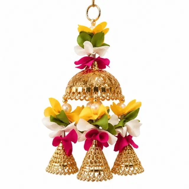 Golden Jhoomar With Multicolor Floral Trim And Bell Danglers