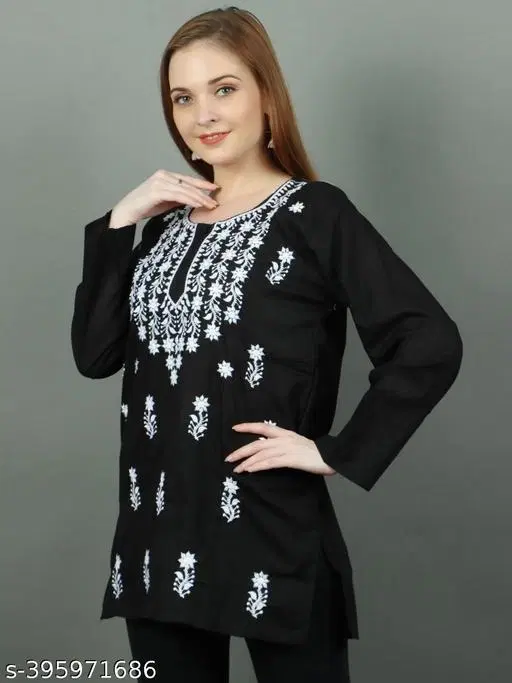 Cotton Chikankari Short Kurti for Women, Black (L)